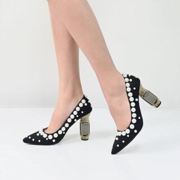 FSJ Black Pearl Pointed Toe Chunky High Heel Crystal Pumps Slip on Wedding Shoes - Picture 1 of 8